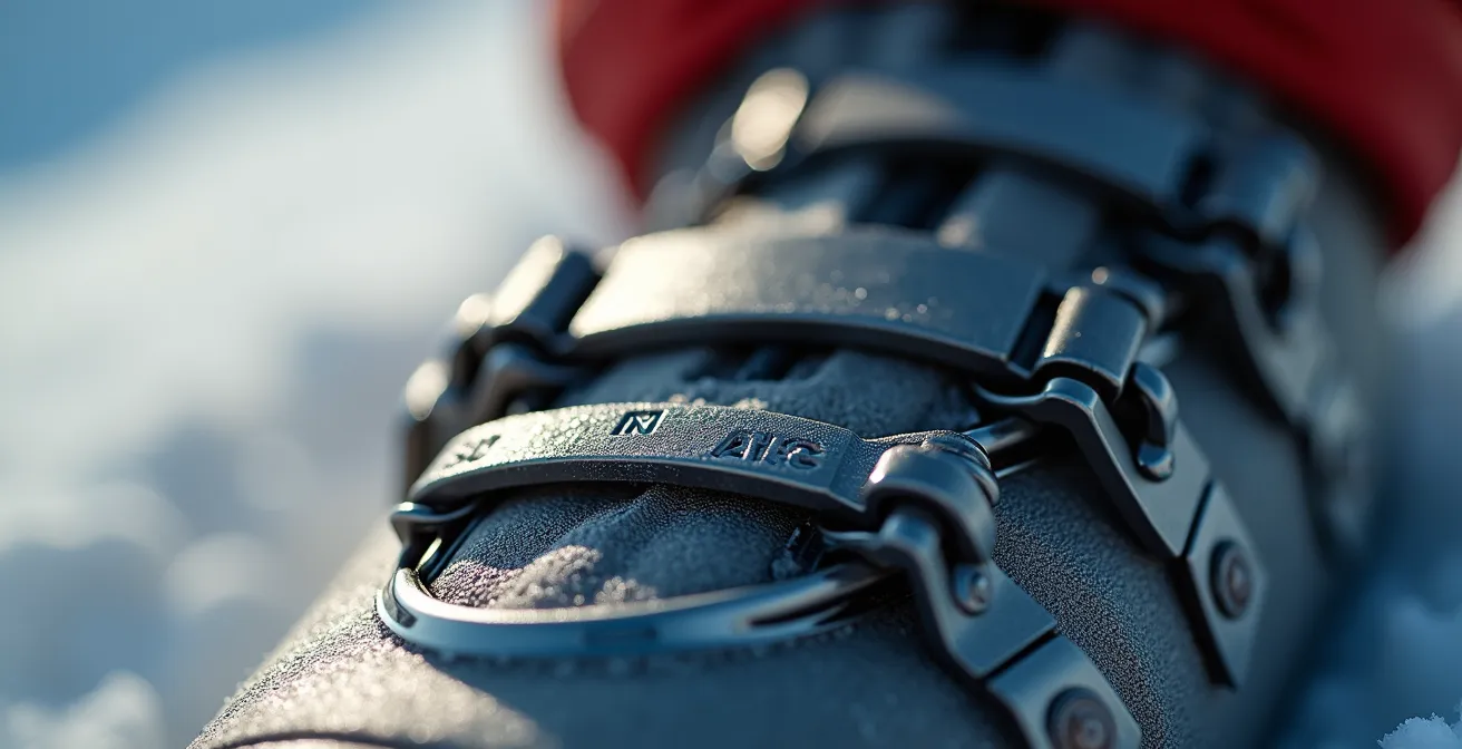 Gros plan sur le réglage micrométrique d'un crochet de chaussure de ski
