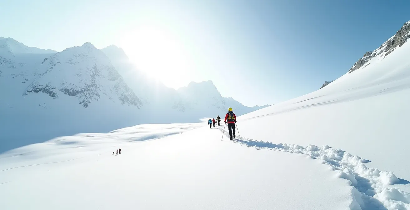 Vue latérale d'alpinistes progressant à différents rythmes sur un glacier alpin