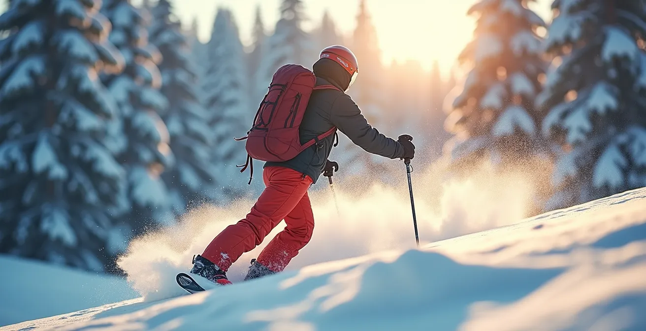 Randonneur en salopette technique dans la poudreuse profonde, vue de profil montrant la protection dorsale