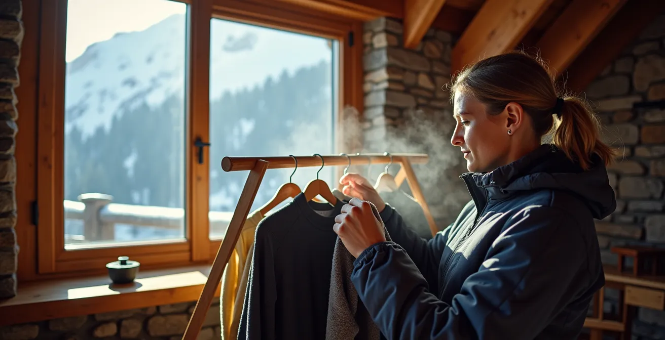 Sous-vêtements techniques en mérinos séchant sur un étendoir en bois dans un refuge de montagne.