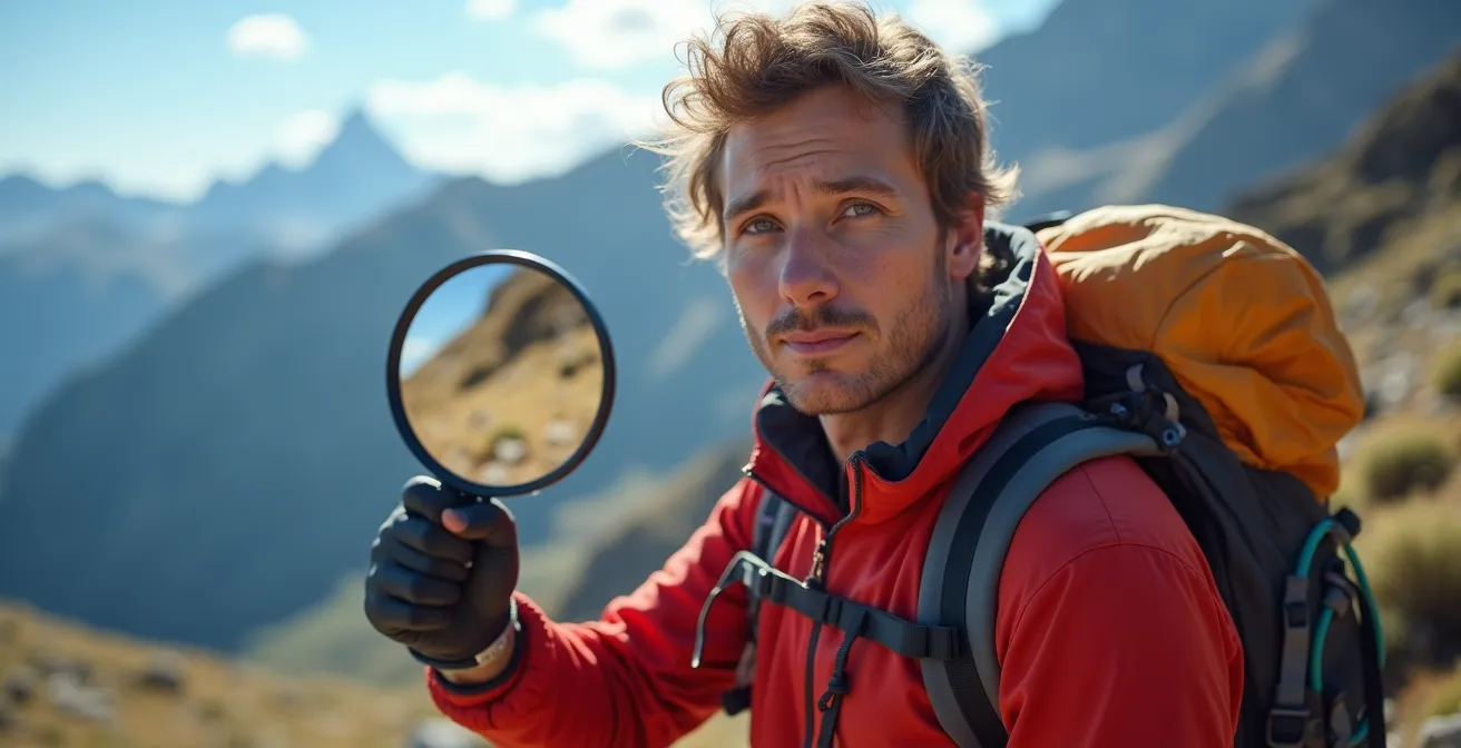 Randonneur utilisant un miroir de signalisation pour attirer l'attention des secours en montagne