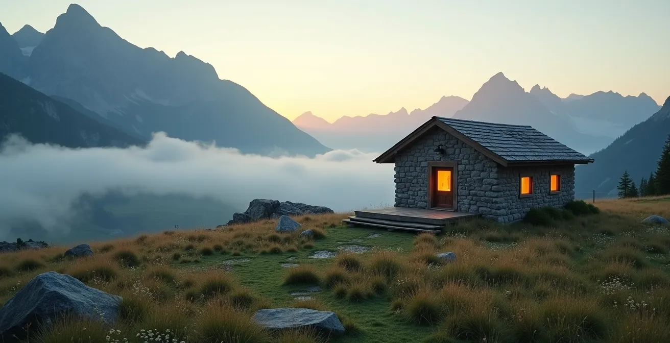 Refuge de montagne isolé dans le silence des Alpes au lever du soleil