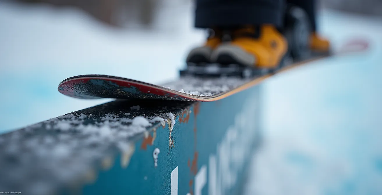 Gros plan macro sur les carres d'un ski positionné à plat sur un rail de snowpark