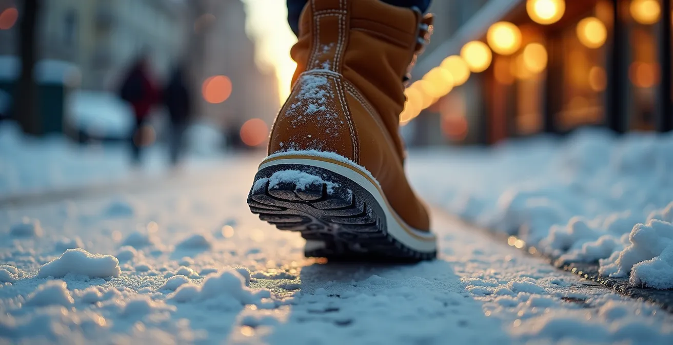 Adolescent se déplaçant librement dans les rues enneigées piétonnes d'Avoriaz