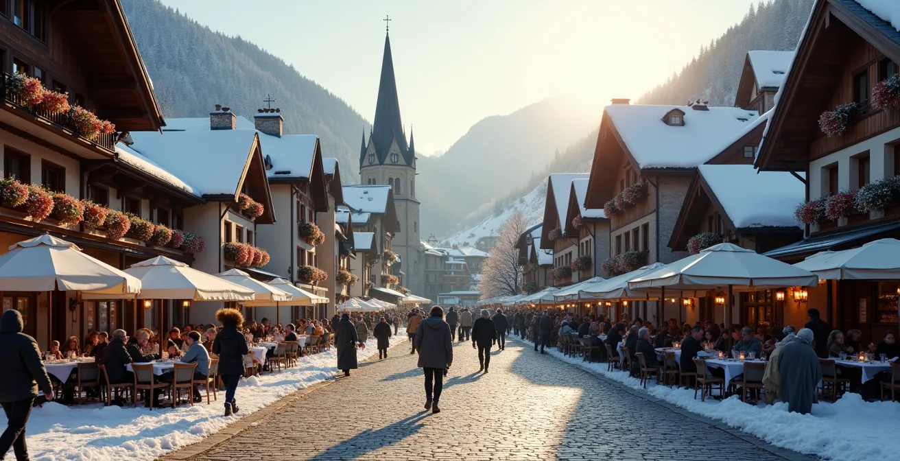 Vue d'une station-village française animée avec piétons profitant de diverses activités hivernales