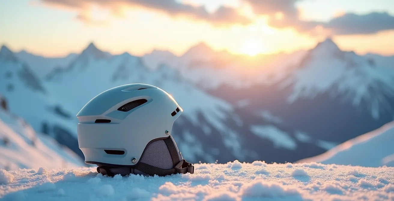Système de ventilation d'un casque de ski avec vue sur les Alpes françaises en arrière-plan