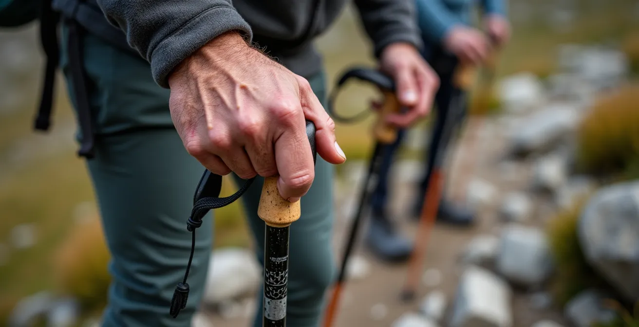 Gros plan sur les mains d'un randonneur utilisant des bâtons de marche en montée