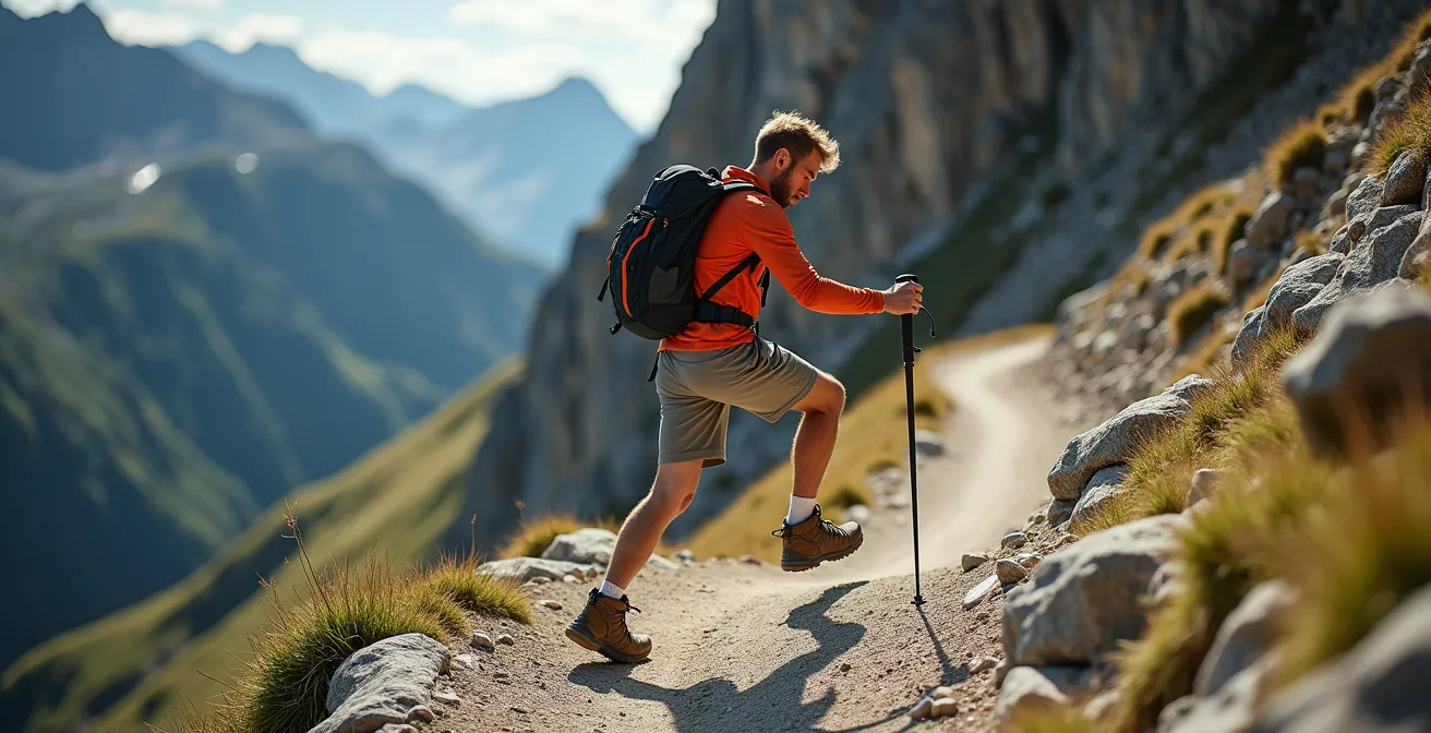 Randonneur effectuant un virage serré dans un lacet de montagne