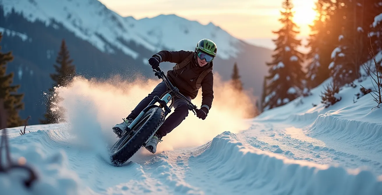 Cycliste en fatbike négociant un virage sur piste enneigée en montagne