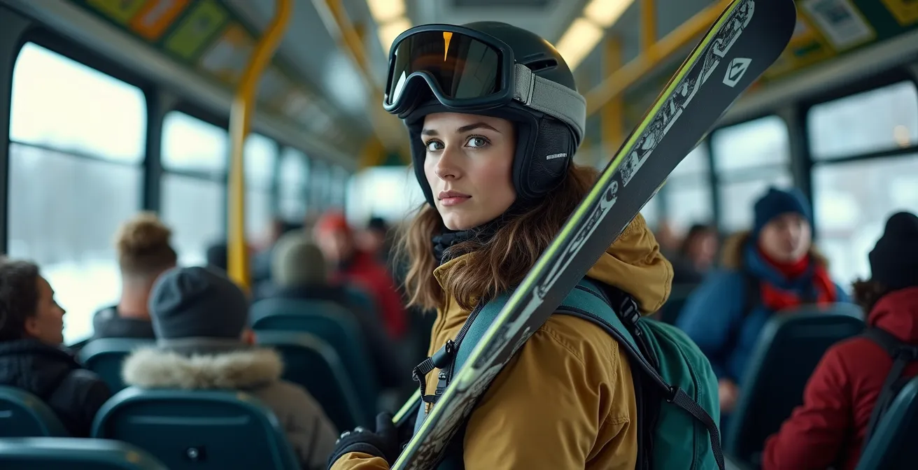 Skieur démontrant la technique de portage vertical des skis dans une navette
