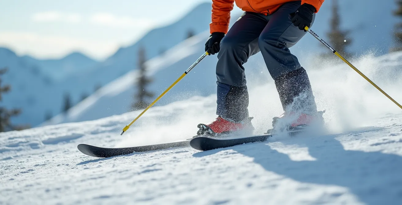 Skieur en position de réception montrant le bon alignement corporel
