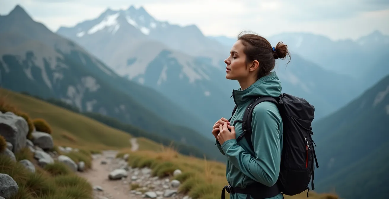 Randonneur pratiquant des exercices de respiration sur un sentier de montagne