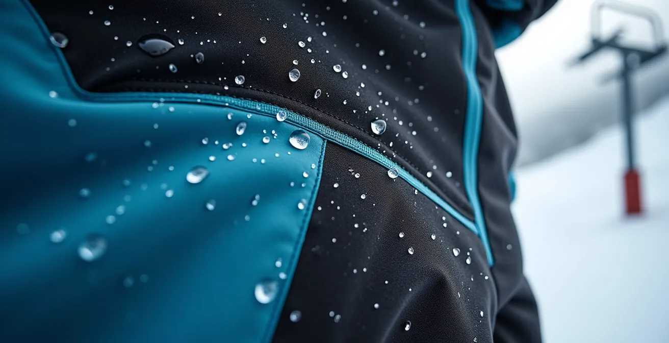 Gros plan sur la zone d'assise d'un pantalon de ski avec gouttes d'eau perlant sur le tissu