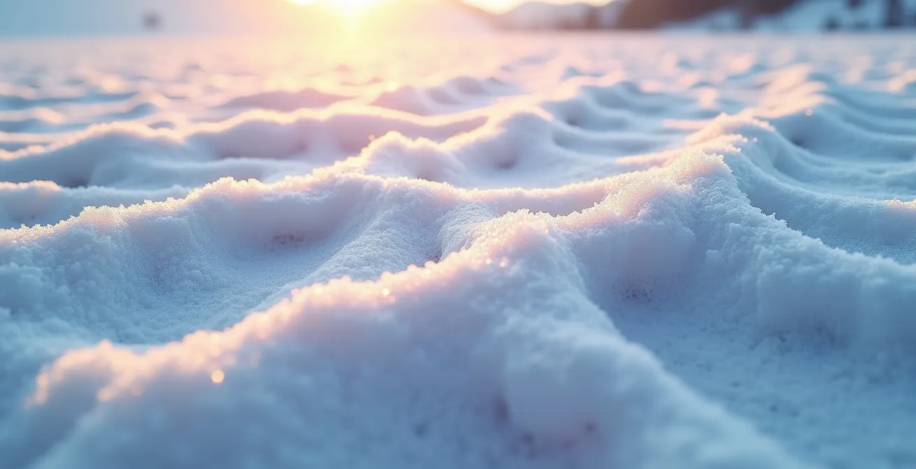 Gros plan sur différentes textures de neige transportée par le vent dans les Alpes