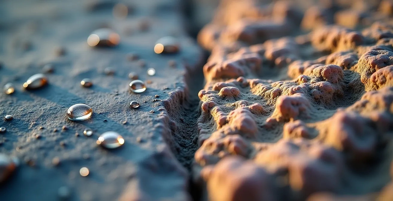 Gros plan sur les textures contrastées du calcaire lisse et du granit rugueux en via ferrata