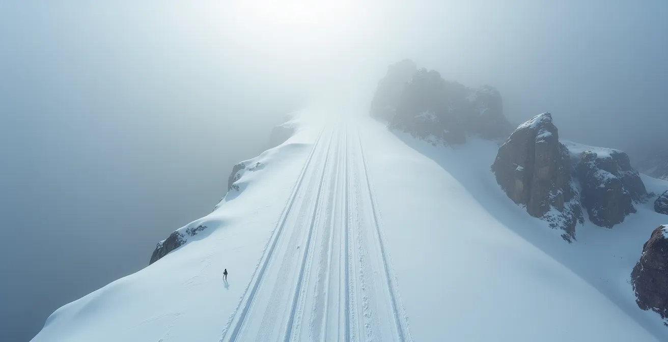 Traces de ski dans la neige convergeant vers une zone rocheuse dangereuse dans le brouillard