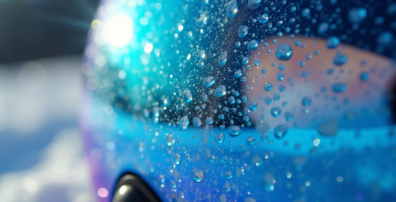 Détail macro du traitement anti-buée sur un écran de masque de ski