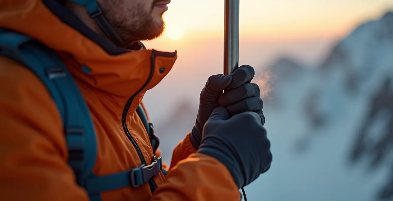 Alpiniste montrant les signes de tremblements liés à l'hypoxie d'altitude