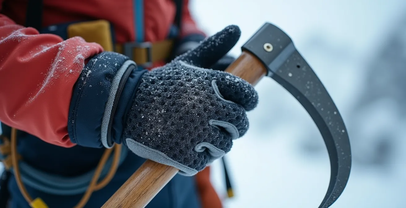 Gros plan sur les mains d'un alpiniste montrant des signes de tremblement en haute altitude