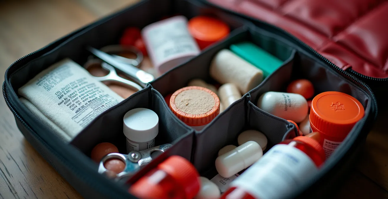 Vue macro détaillée d'une trousse de secours ouverte avec médicaments et pansements organisés méthodiquement