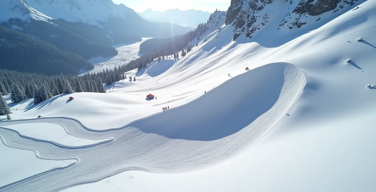 Vue aérienne d'un cône de déjection en montagne montrant la trajectoire d'avalanche