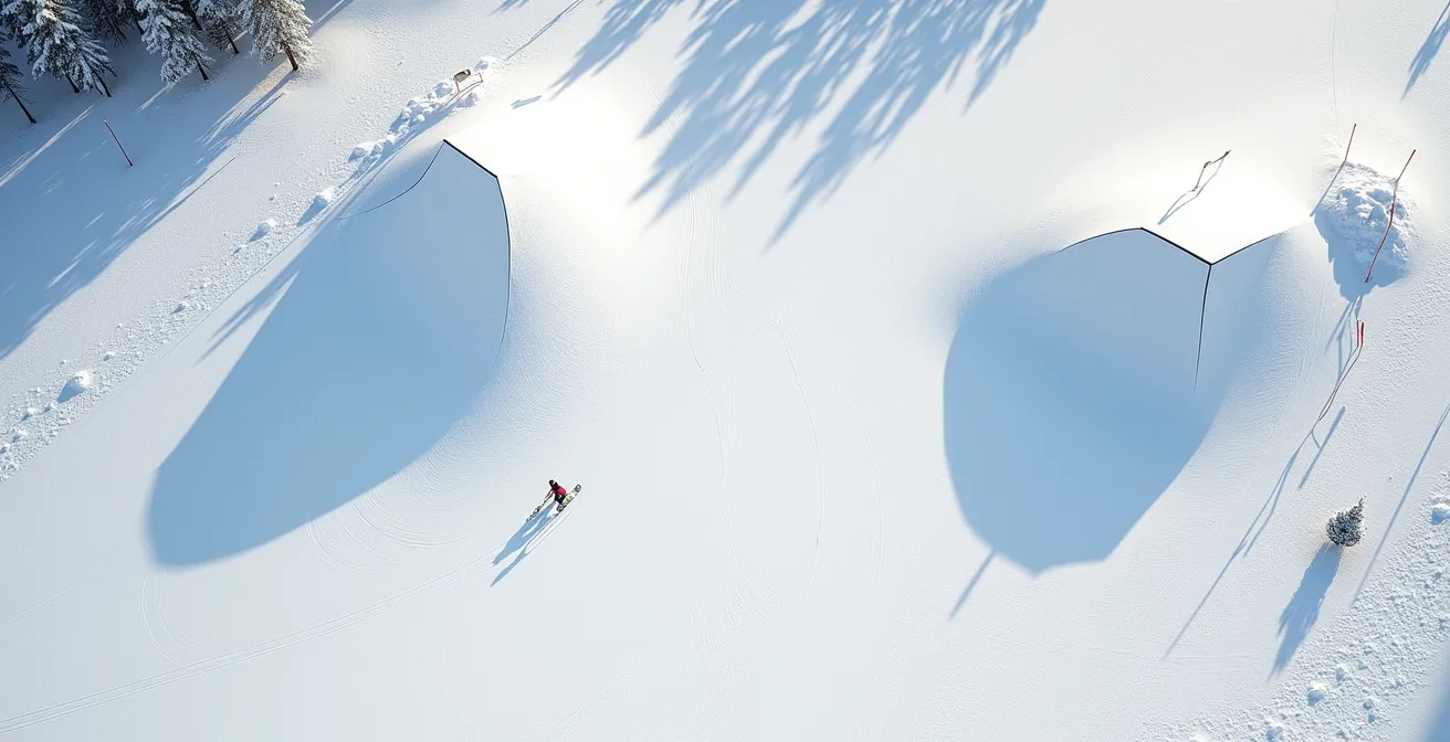 Vue aérienne d'un snowpark montrant les zones d'élan et les trajectoires des riders