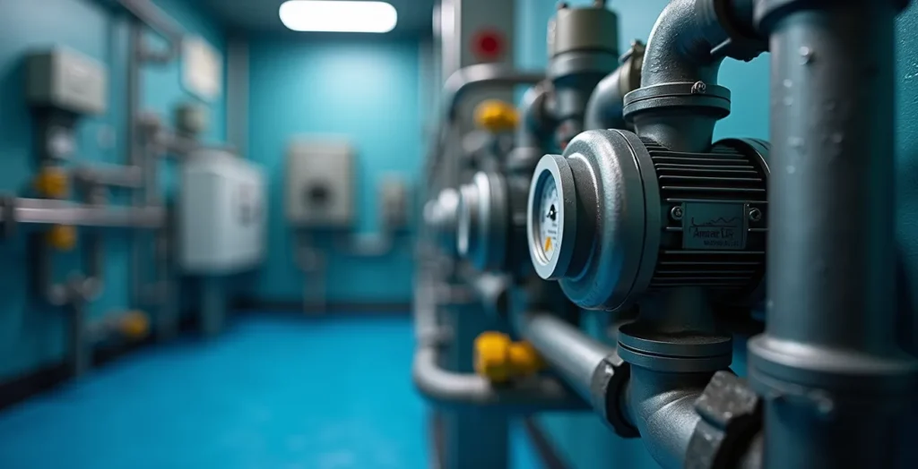 Gros plan sur une pompe de filtration de piscine avec tuyauterie et système de chauffage dans un local technique Gros plan sur une pompe de filtration de piscine avec tuyauterie et système de chauffage dans un local technique